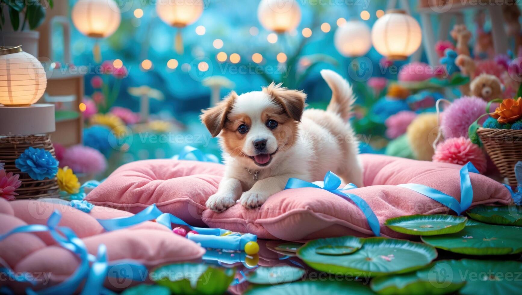 Playful puppy resting on soft pillows surrounded by colorful decorations and lanterns in a vibrant setting photo