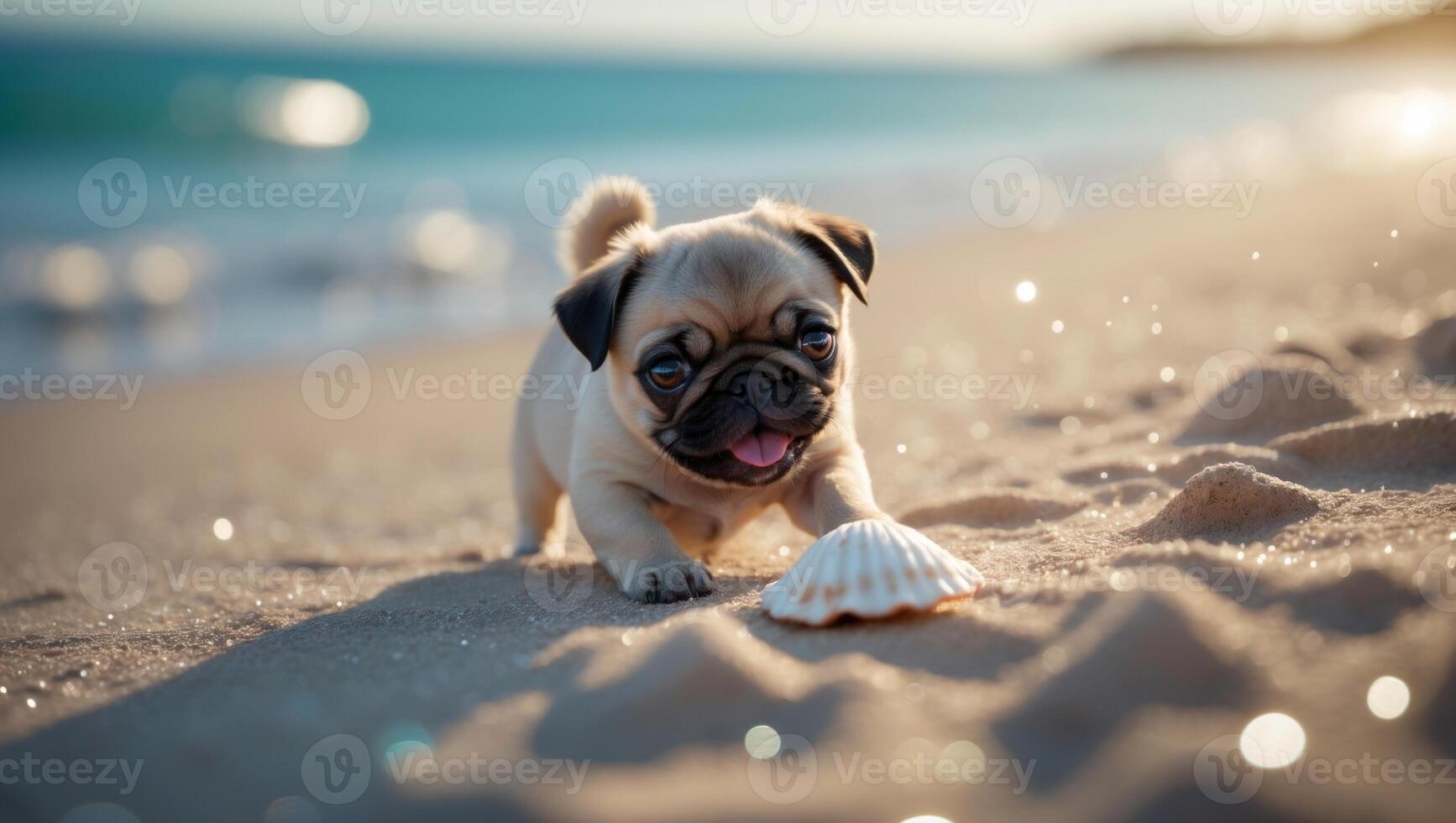 Playful pug puppy discovering a seashell on a sunlit beach with sparkling waves in the background photo