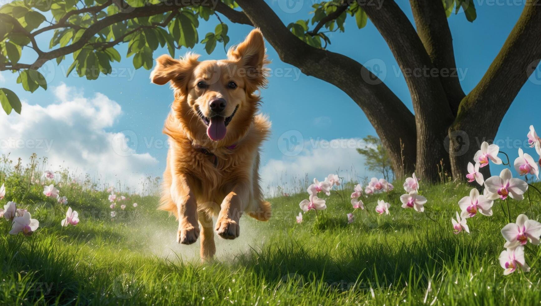 Playful golden retriever running joyfully through a blooming meadow under a large tree photo