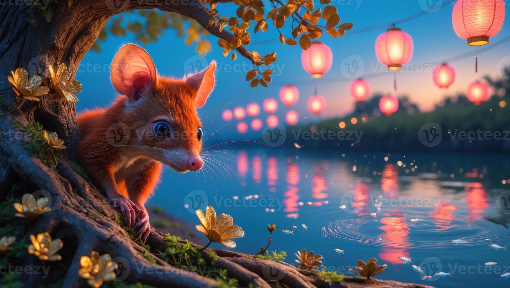 A curious orange mouse peeks from a tree root by a tranquil river adorned with glowing lanterns at dusk photo