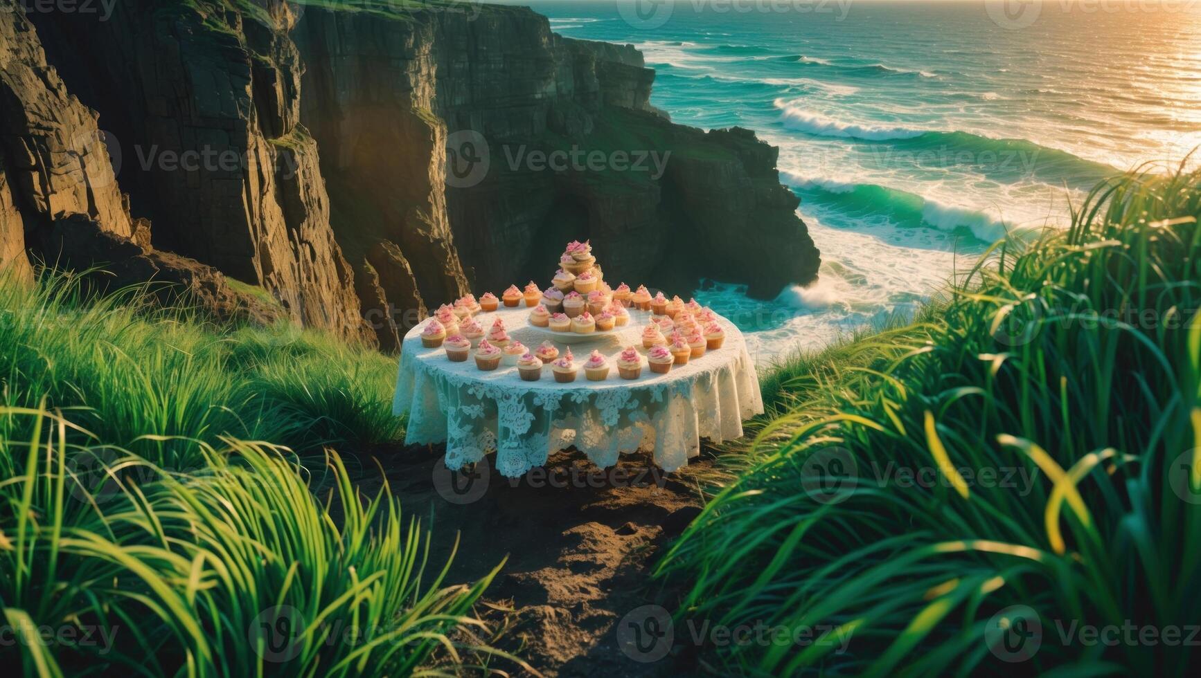 Elegant dessert display on a cliffside table overlooking the ocean at sunset, with lush grass surrounding photo