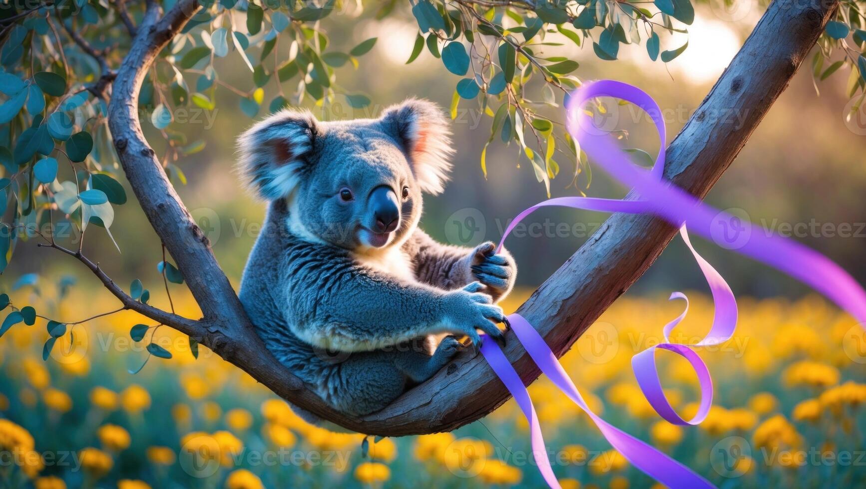 A playful koala sitting on a tree branch, interacting with colorful ribbons in a vibrant flower field photo