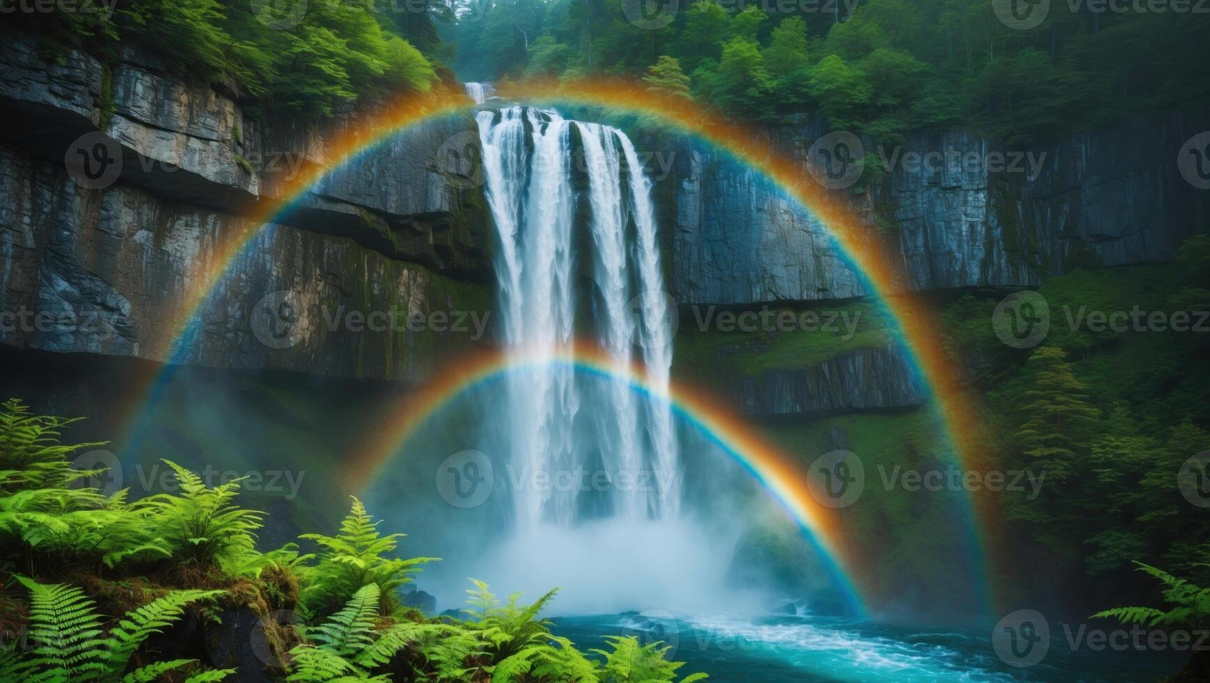 Majestic waterfall cascading down rocky cliffs, surrounded by lush greenery and vibrant rainbows photo