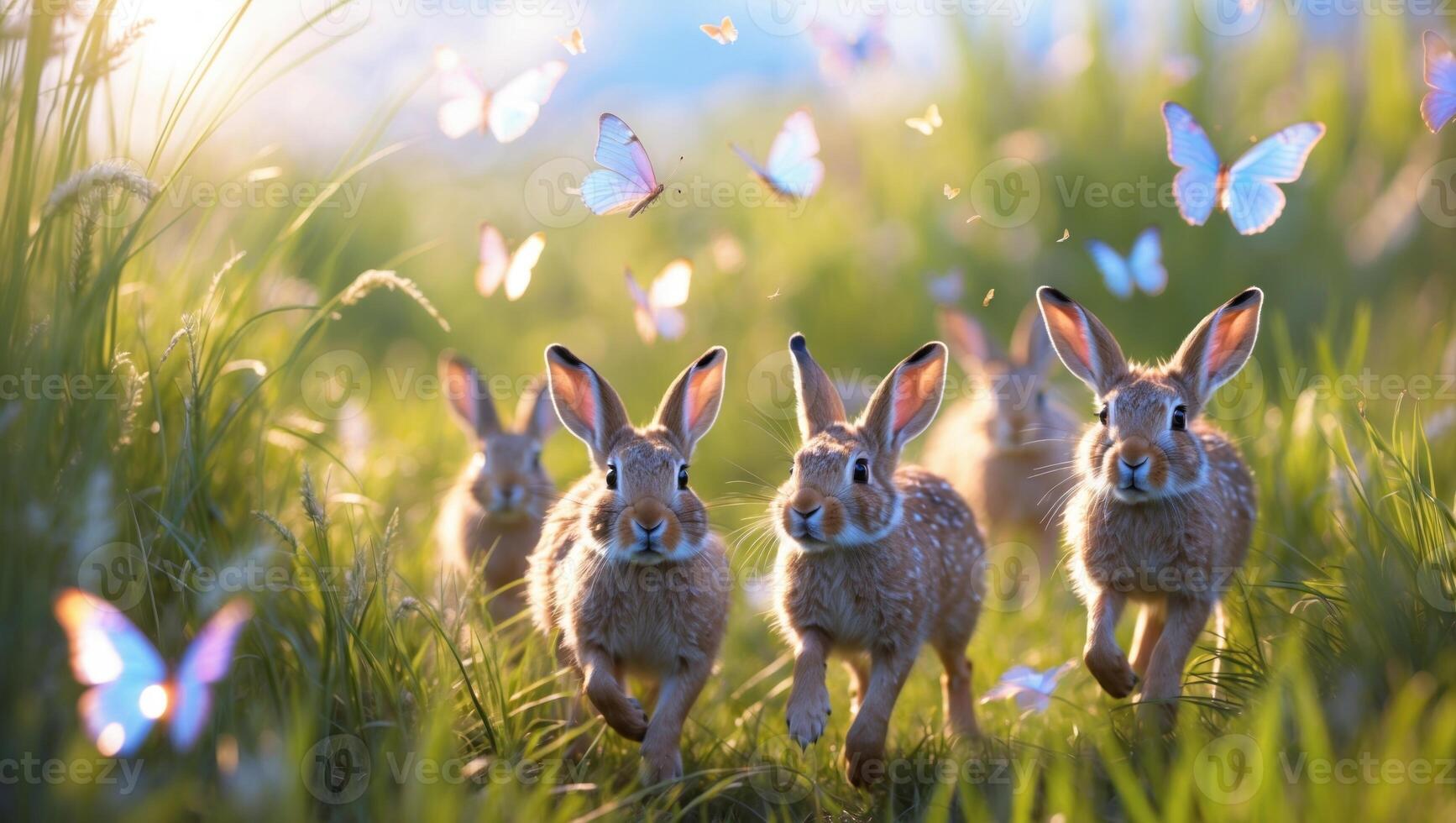 A lively scene of rabbits frolicking in a sunlit meadow filled with colorful butterflies photo