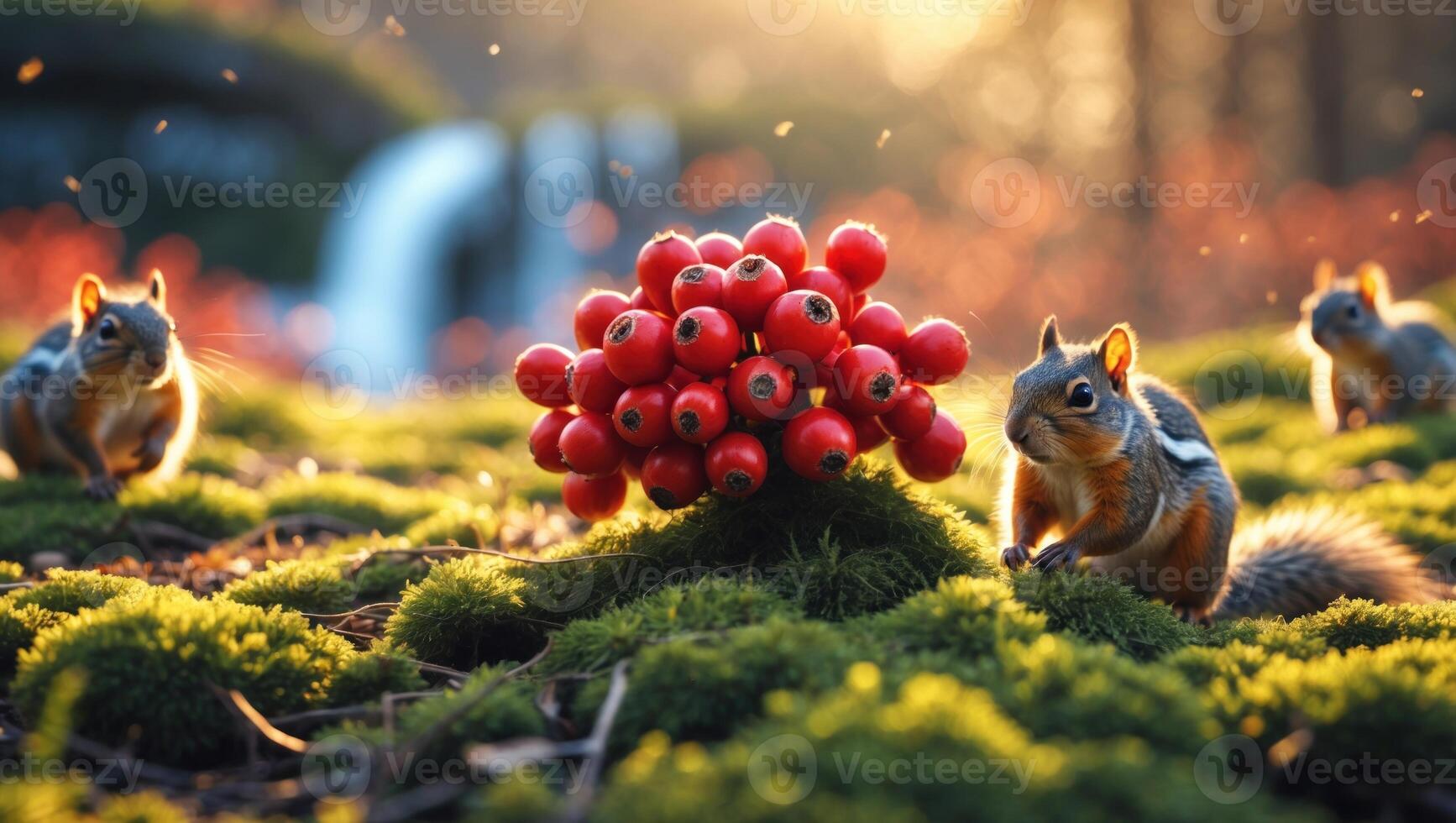 Squirrels gathered around a vibrant cluster of red berries in a sunlit forest with a waterfall photo