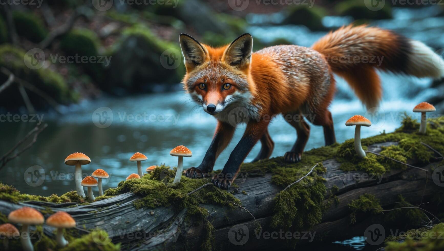 A vibrant fox exploring a mossy log surrounded by mushrooms near a serene stream in a lush forest photo