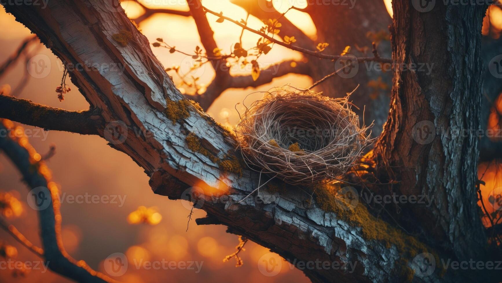 Serene sunset illuminating a bird's nest nestled in a tree branch amidst a tranquil landscape photo