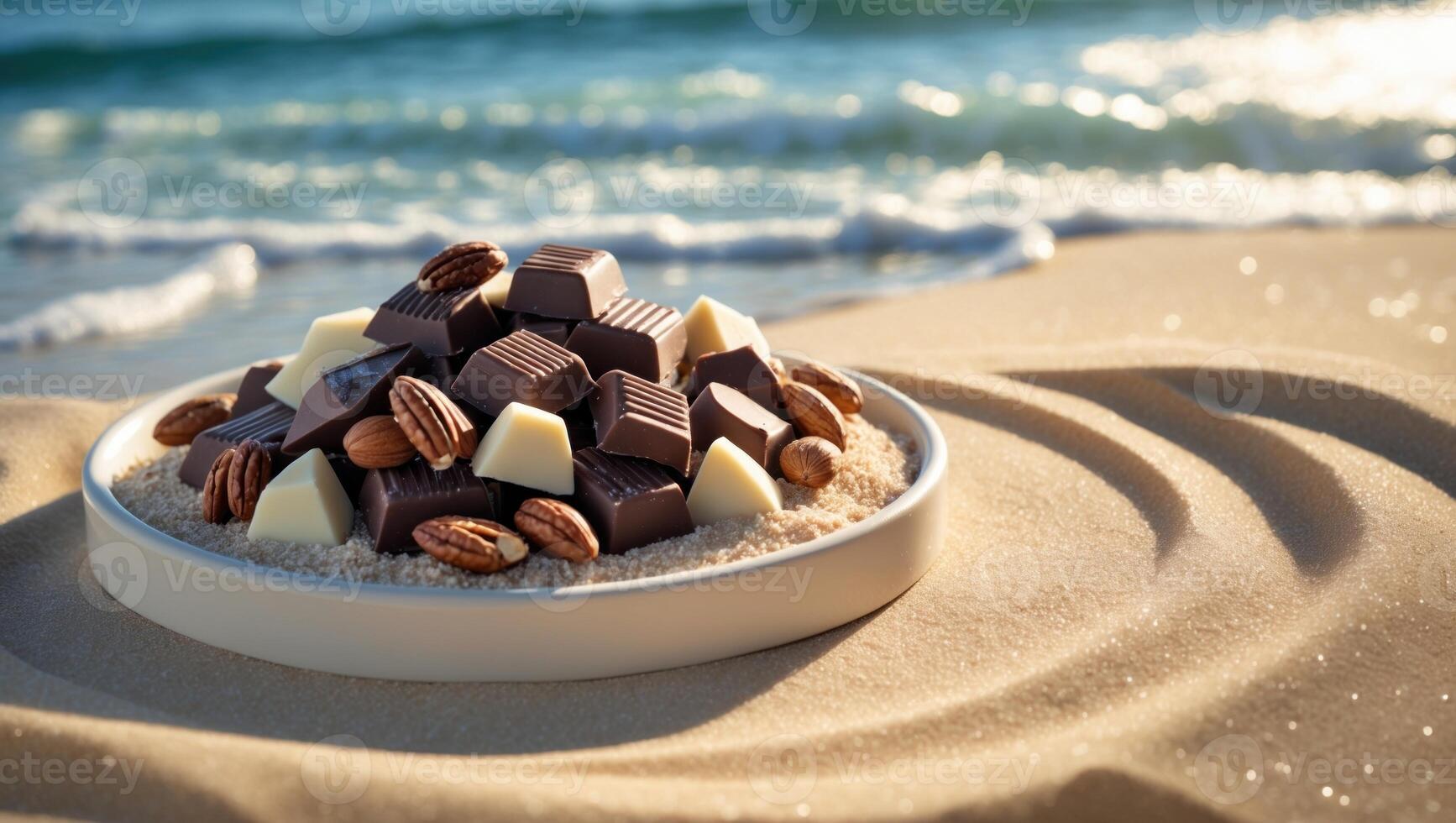 A delectable assortment of chocolates arranged on a sandy beach, with waves gently crashing in the background photo