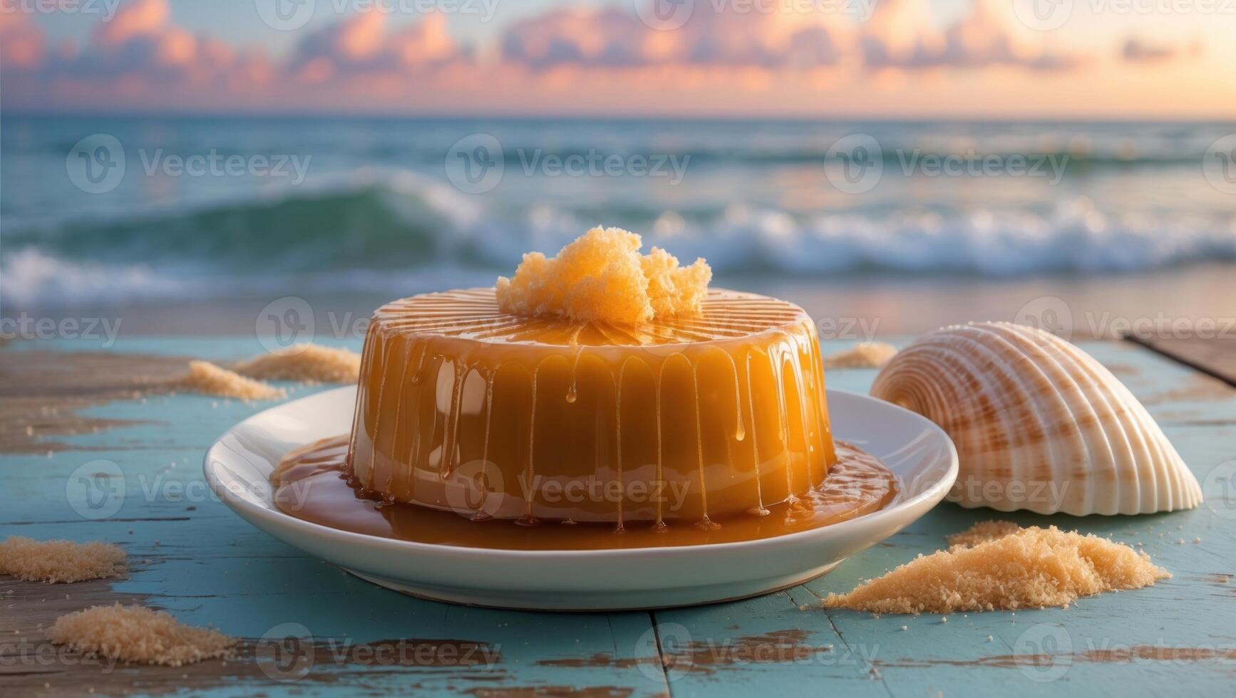 Caramel dessert on a plate with ocean waves in the background during sunset at a beach photo