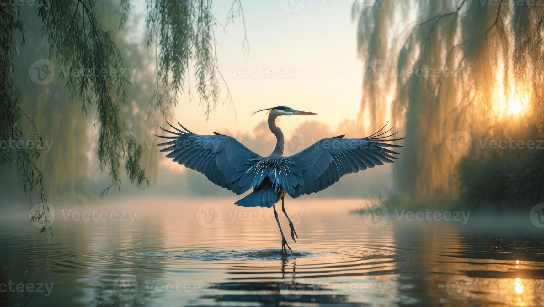 Majestic heron gracefully landing on a tranquil lake at dawn, surrounded by mist and willow trees photo