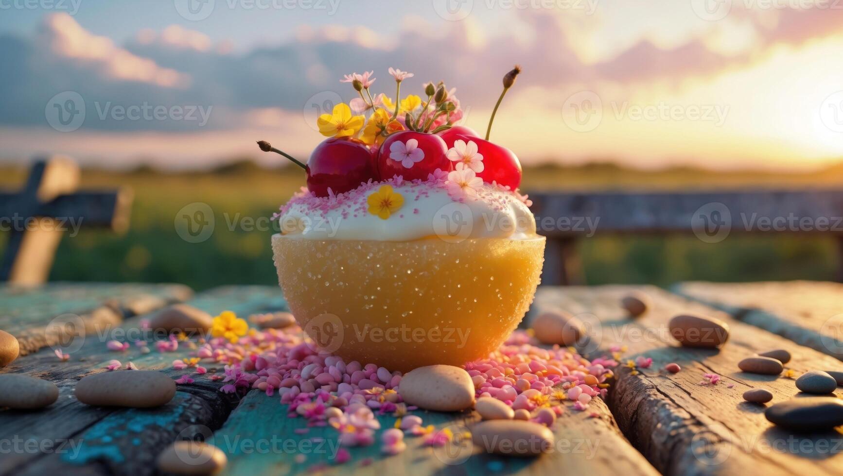 A vibrant dessert bowl filled with cream, cherries, and flowers, set on a rustic table at sunset photo