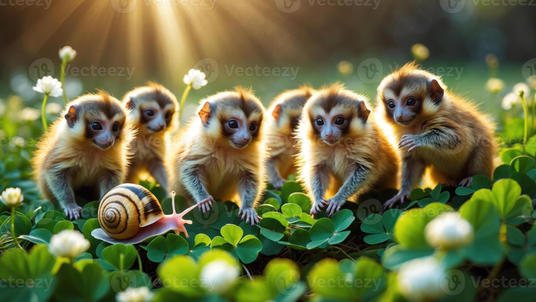 Playful monkeys curiously observe a snail on a sunny day amidst vibrant green clover flowers photo