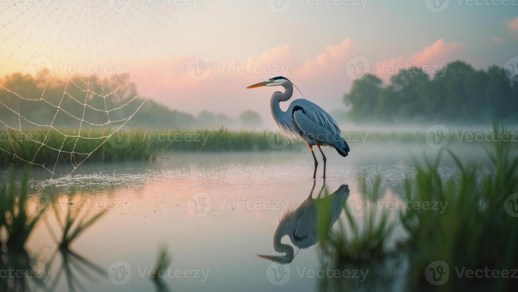 Majestic heron standing in serene wetland at dawn, with mist and spider web in the background photo
