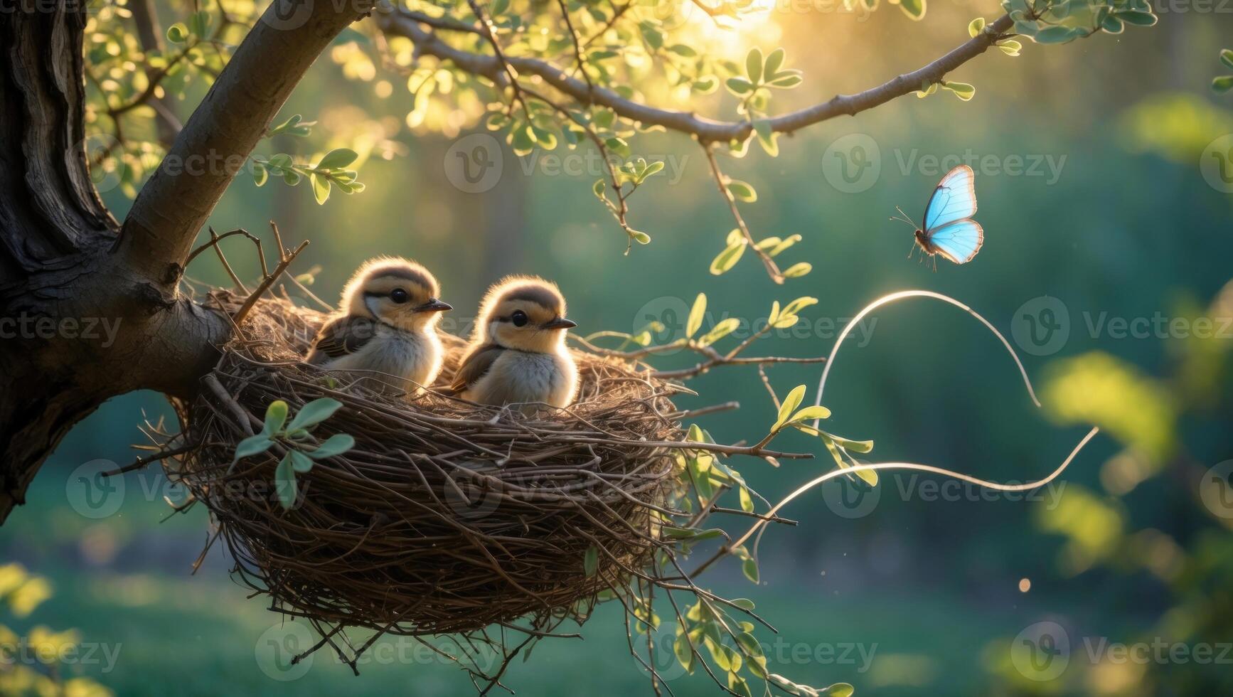 Two ducklings nestled in a cozy nest on a tree branch, with a butterfly fluttering nearby in soft sunlight photo