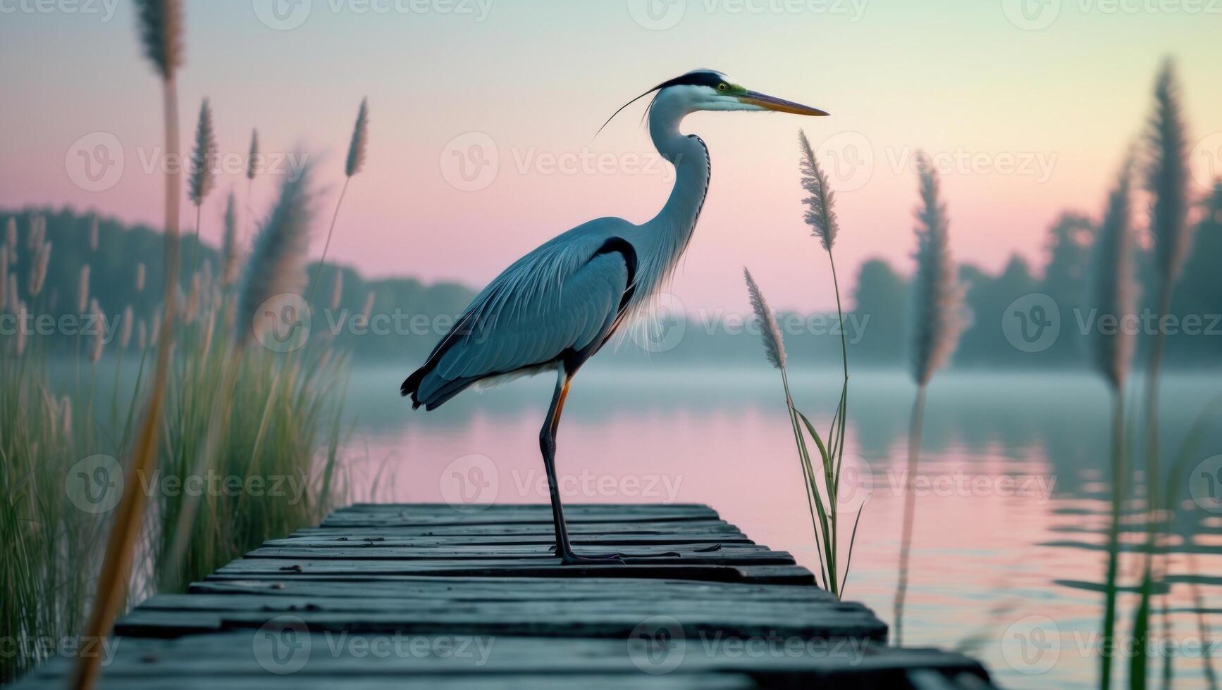 Elegant heron standing on a wooden dock at dawn, surrounded by tall grass and a tranquil lake photo