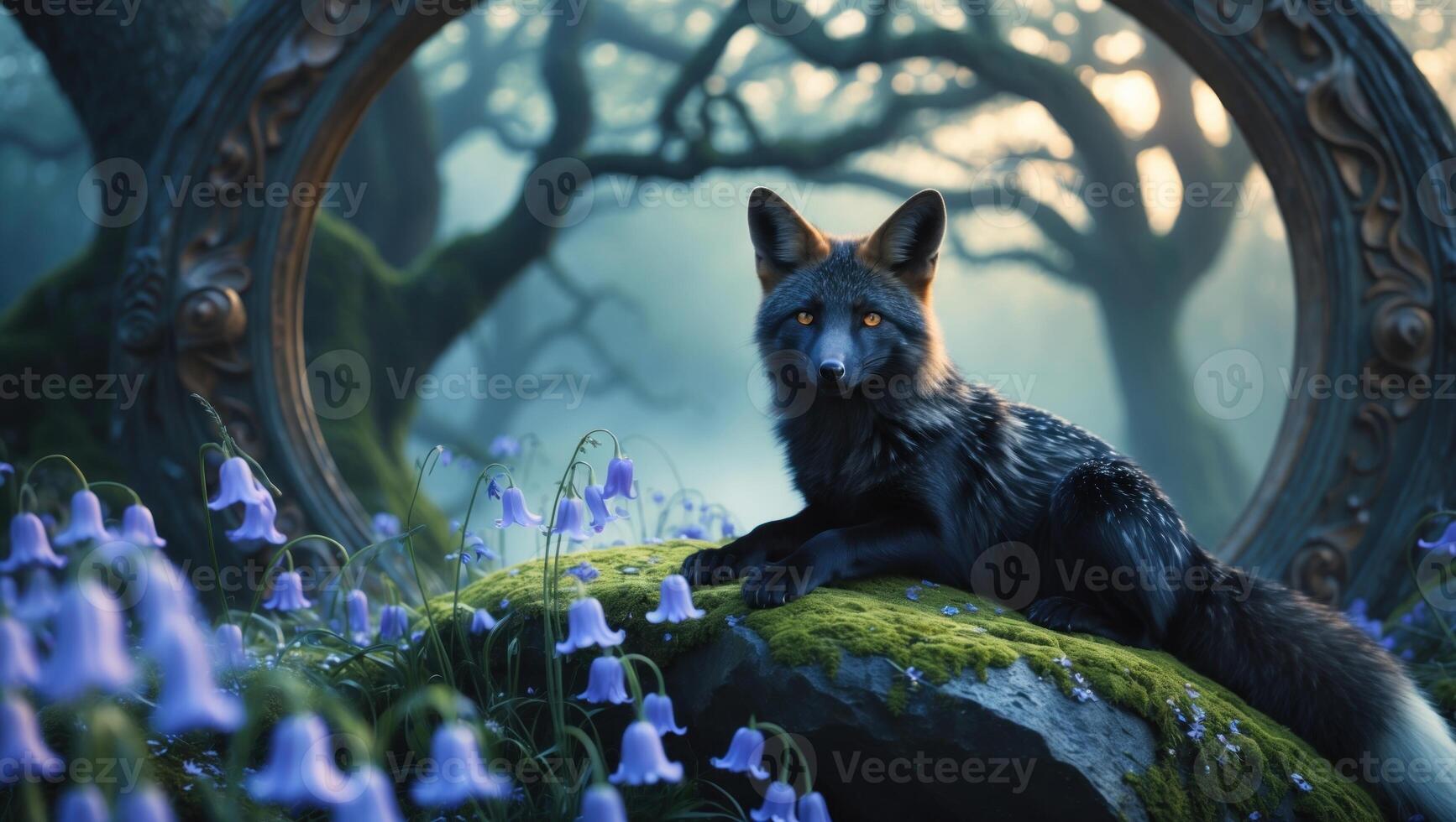 Enigmatic fox resting on a mossy stone surrounded by bluebells, framed by a mystical mirror in a forest photo