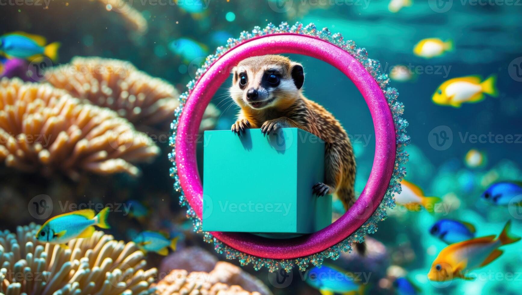 Playful meerkat holding a green block surrounded by colorful fish and coral in a vibrant underwater scene photo