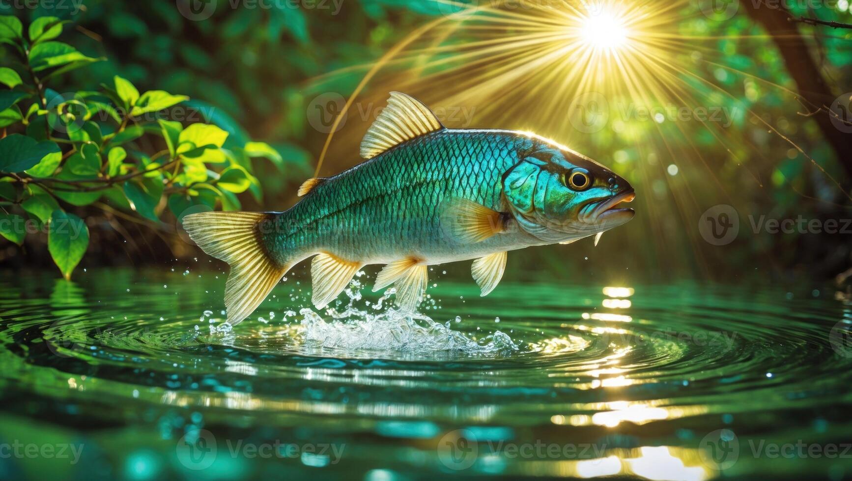 A vibrant fish leaping from a serene pond surrounded by lush greenery and illuminated by sunlight photo