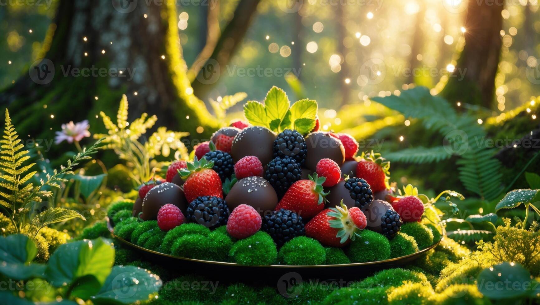 A vibrant display of fresh berries and chocolate treats arranged on a mossy platter in a sunlit forest photo
