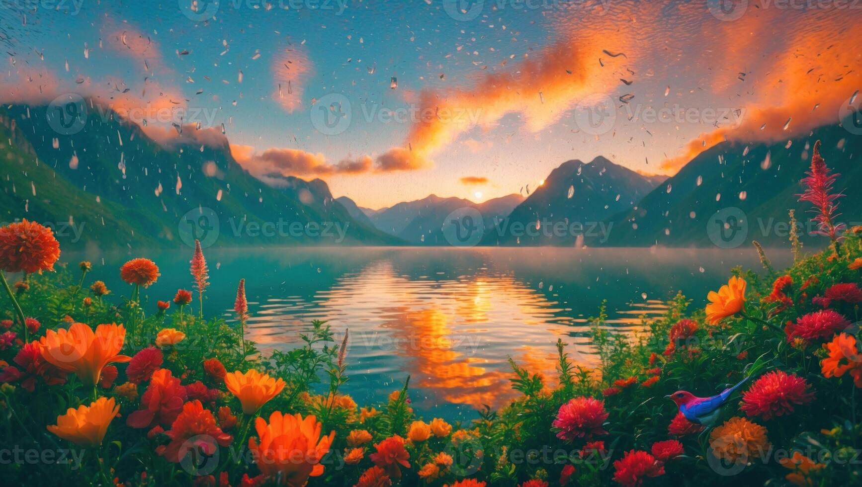 Serene lakeside view with vibrant flowers in foreground, mountains in background at sunset photo