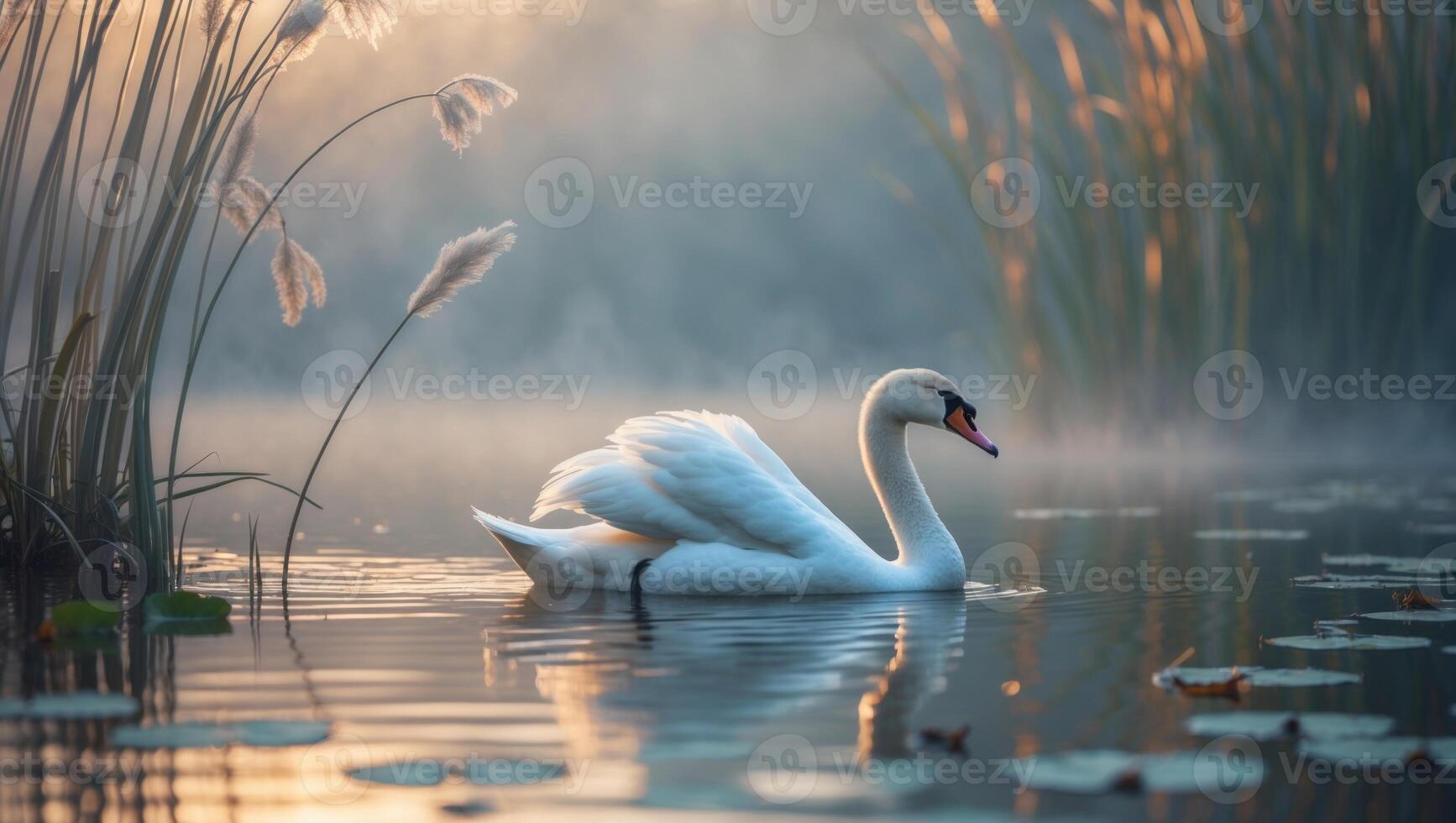 Serene swan gliding through misty waters at dawn, surrounded by reeds and lily pads in tranquil setting photo