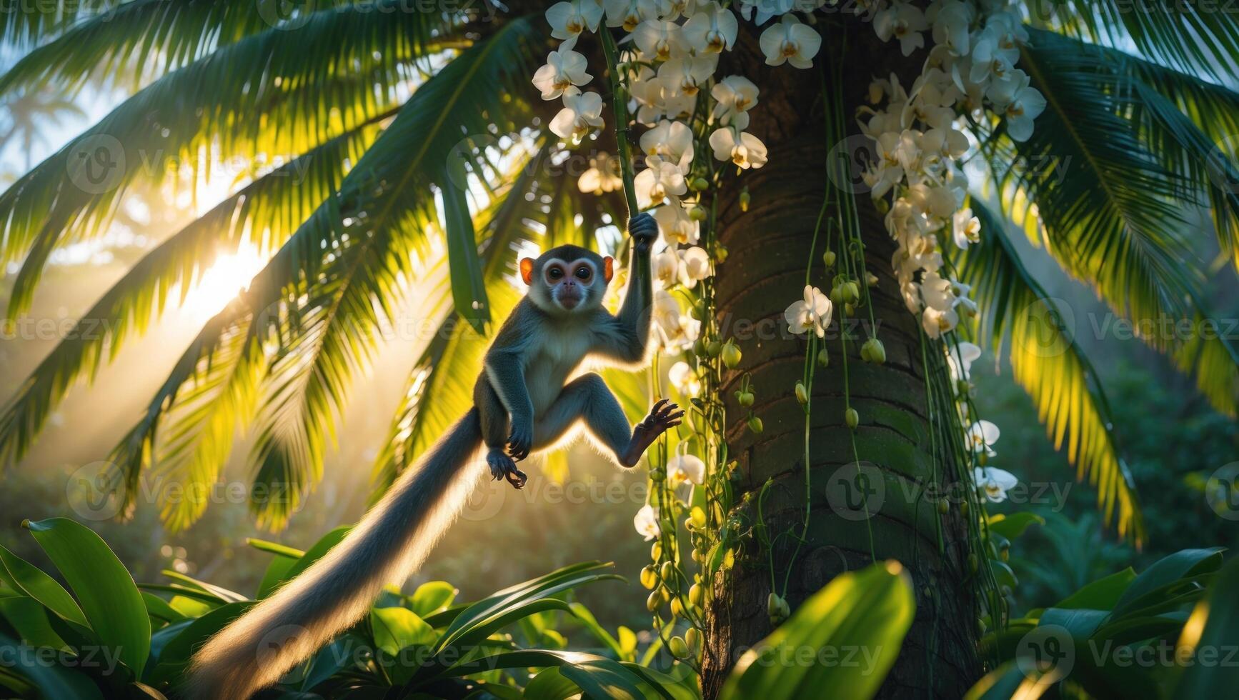 Playful monkey swinging from a palm tree amidst blooming orchids in a vibrant jungle setting photo