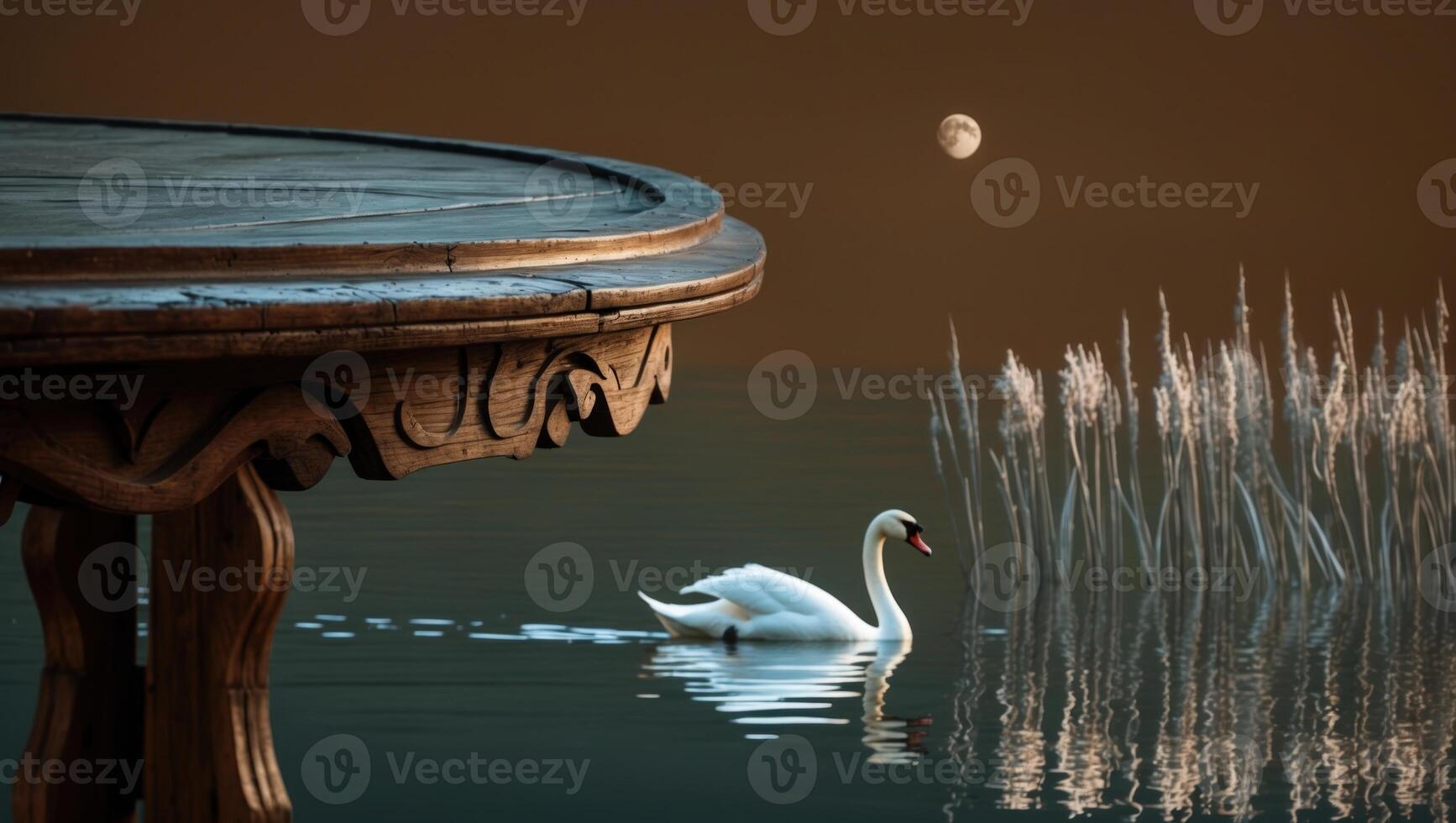 Serene swan gliding on calm water at dusk near a wooden table, with a moonlit background photo