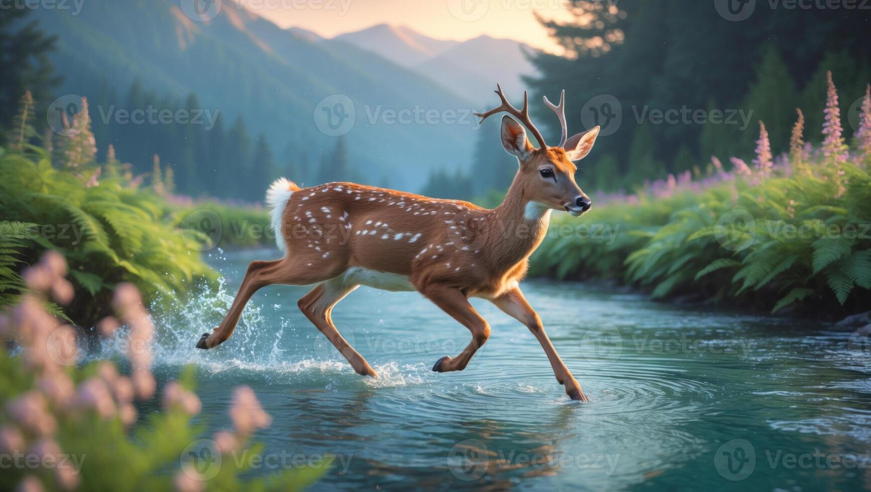 A young deer gracefully leaps through a serene river, surrounded by lush greenery and mountains at sunset photo