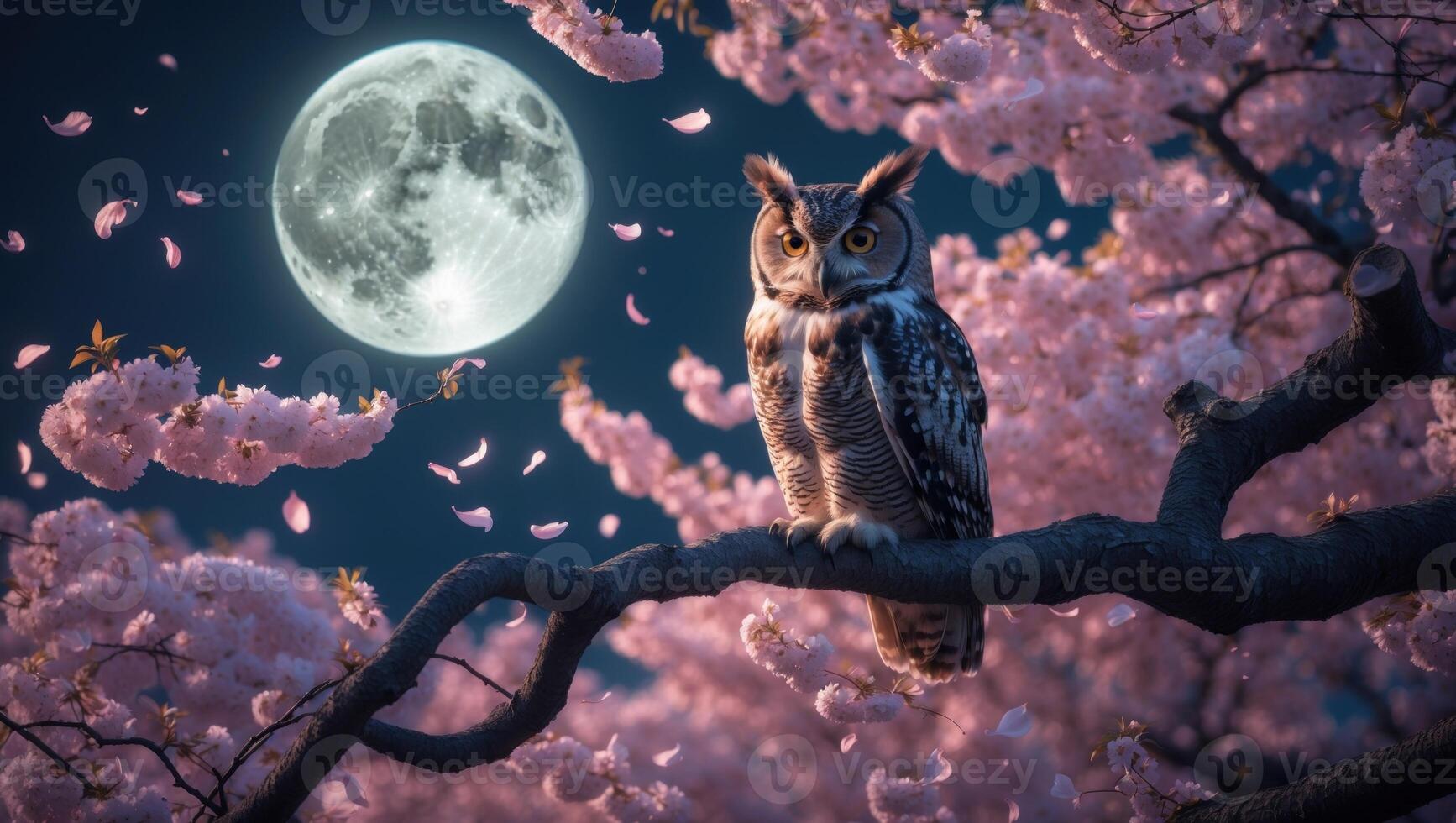 Majestic owl perched on a cherry blossom branch under a full moon, surrounded by falling petals photo
