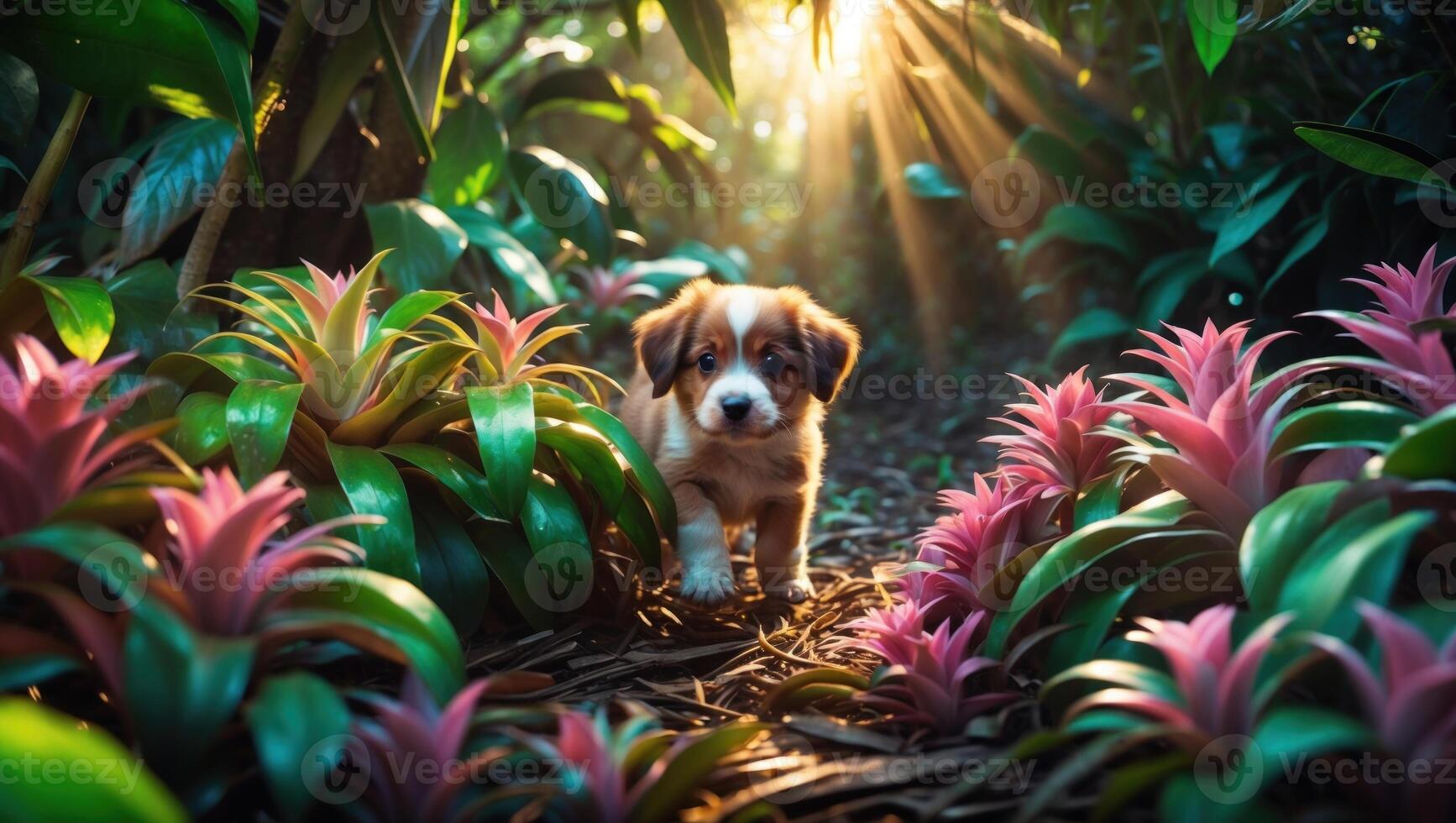 Playful puppy exploring a vibrant tropical garden with colorful flowers and sun rays filtering through photo
