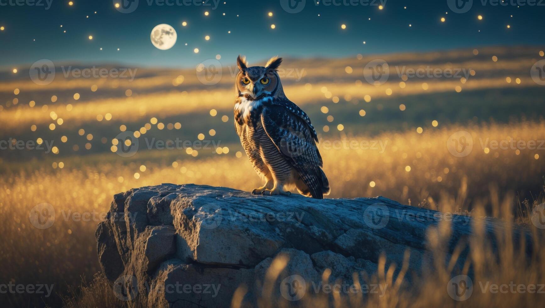 Majestic owl perched on a rock at dusk, surrounded by glowing fireflies and a full moon in the background photo