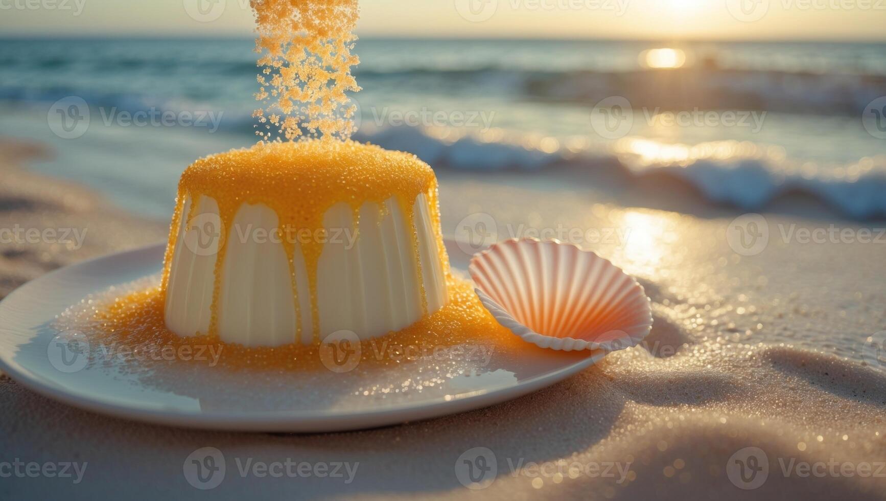 Delicate dessert on a sandy beach at sunset, with sugar cascading and ocean waves in the background photo