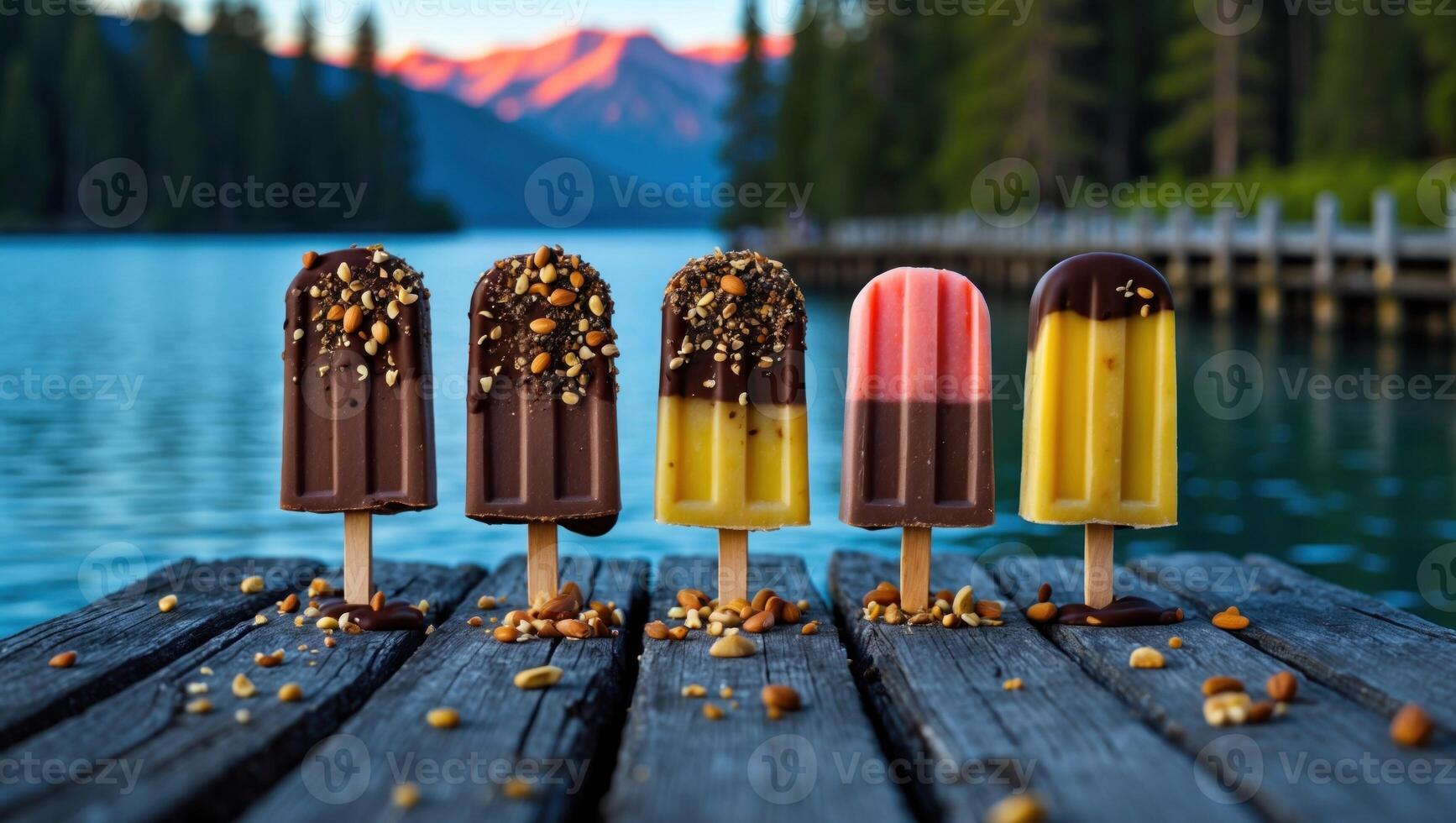Colorful popsicles arranged on a wooden pier with a serene lake and mountains in the background photo
