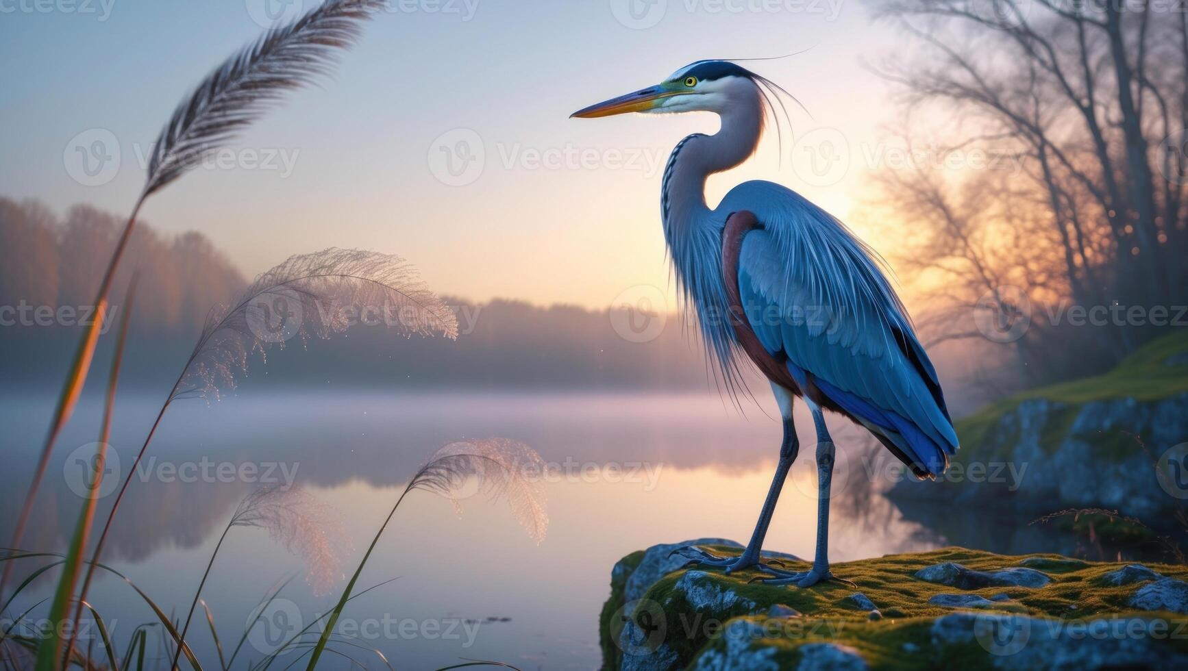 Majestic heron standing by a tranquil lakeside at dawn, surrounded by mist and soft light photo