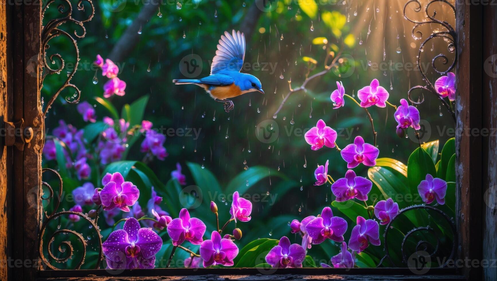 Colorful bluebird hovering near vibrant orchids in a sunlit garden, framed by an open window photo