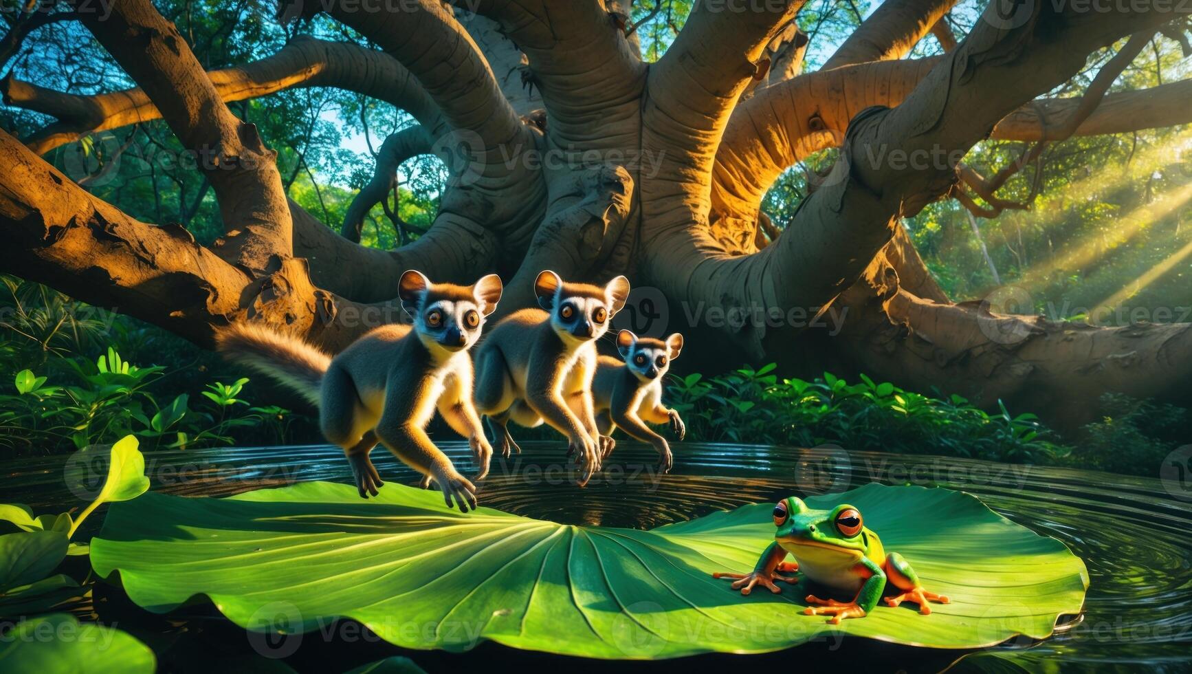 Four playful lemurs leaping from a lush green lily pad, with a vibrant tree and sunlight in the background photo