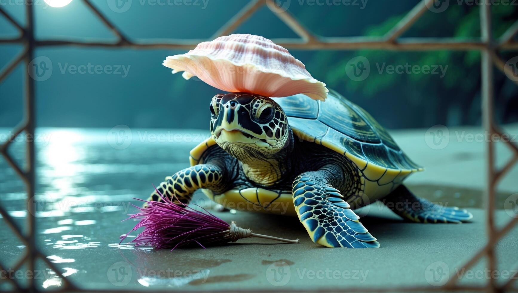 A sea turtle wearing a shell and mini umbrella on a beach, with a serene ocean backdrop photo