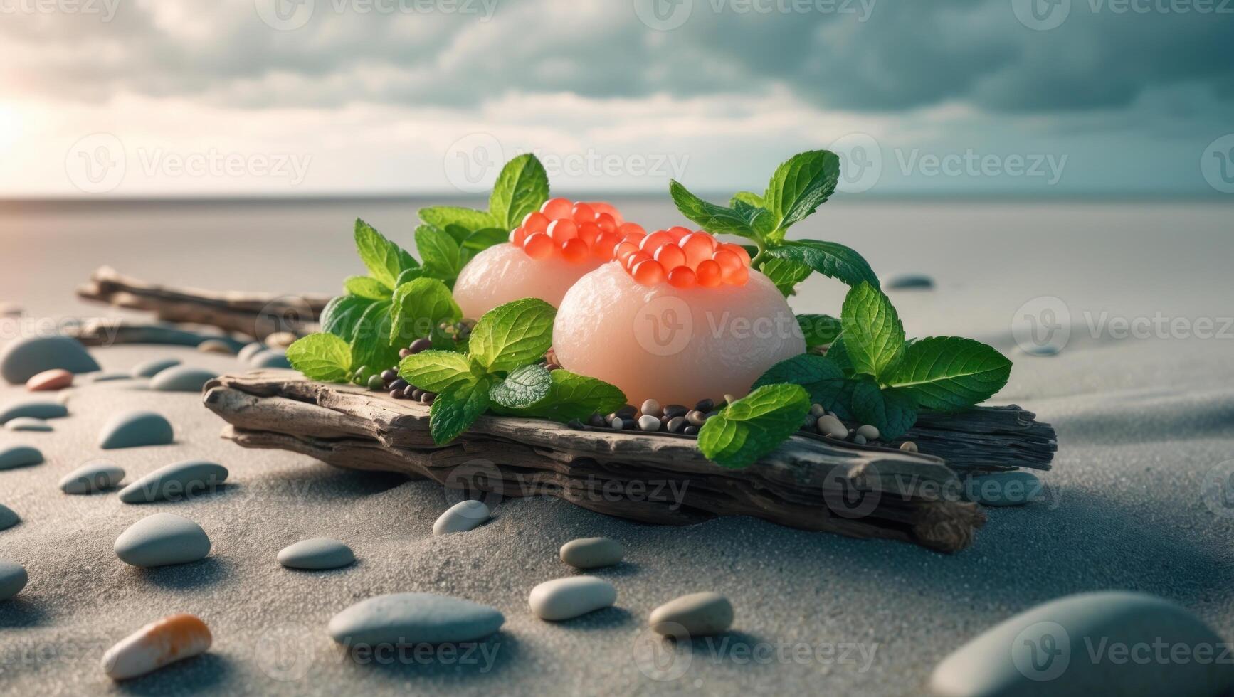 Delicate dessert featuring mint and caviar on a sandy beach, with clouds and ocean in the background photo