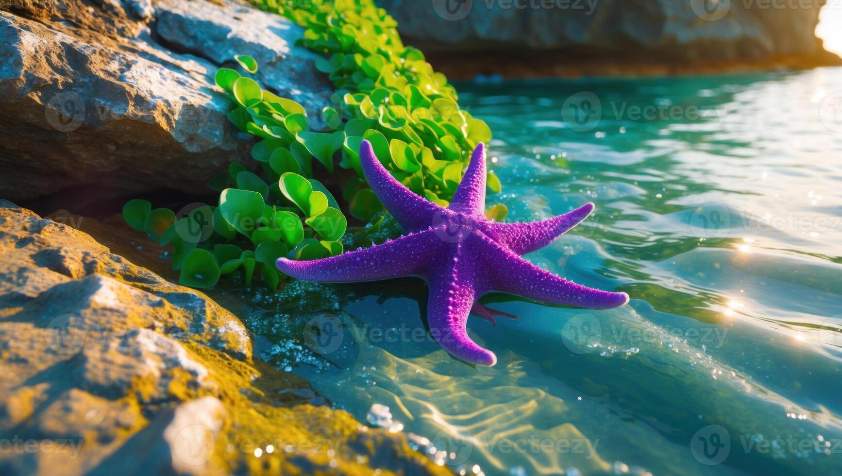 Vibrant purple starfish resting on rocks by a serene coastal shore, surrounded by lush greenery photo