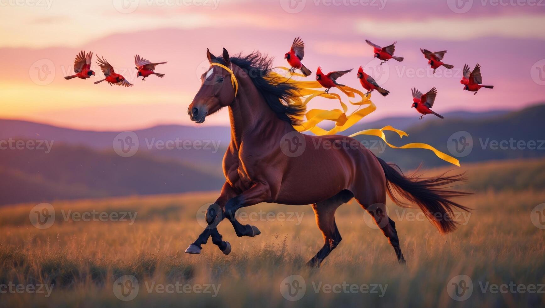Majestic brown horse galloping through a golden field at sunset, surrounded by vibrant red birds photo