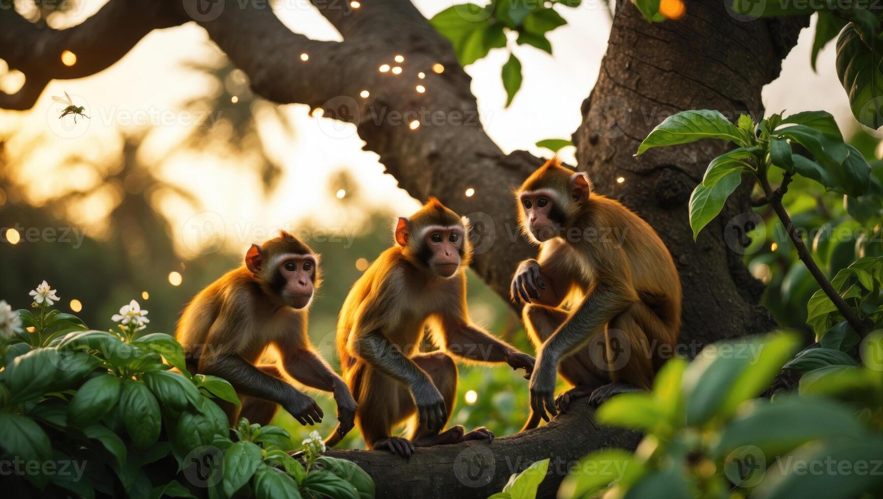 Three monkeys sitting on a tree branch during sunset, surrounded by lush greenery and soft light photo