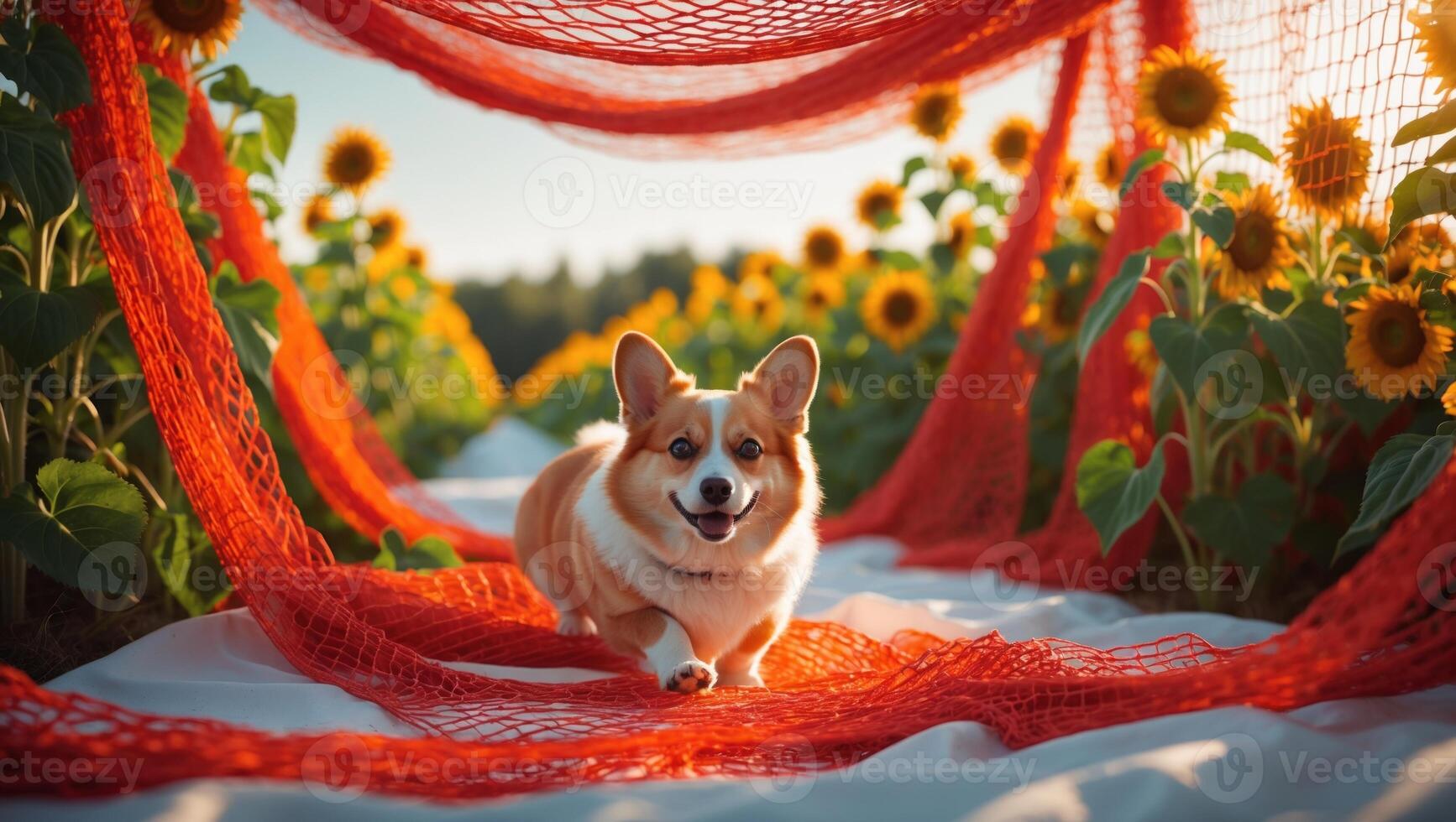 Happy corgi running through a vibrant sunflower field with red netting in the background photo