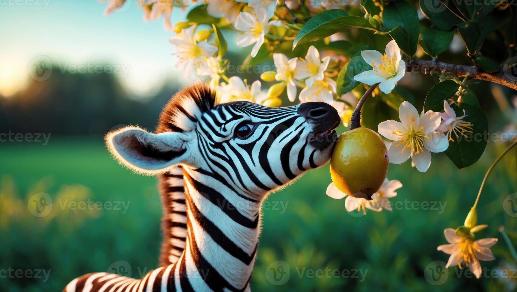 Young zebra curiously reaching for a lemon hanging from a flowering tree in a vibrant meadow photo
