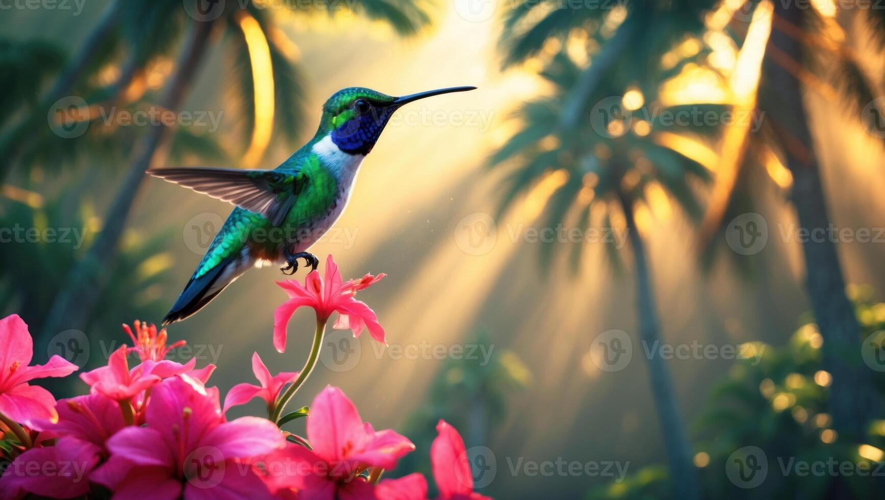 Vibrant hummingbird hovering over colorful flowers in a lush tropical setting with sunlight filtering through photo