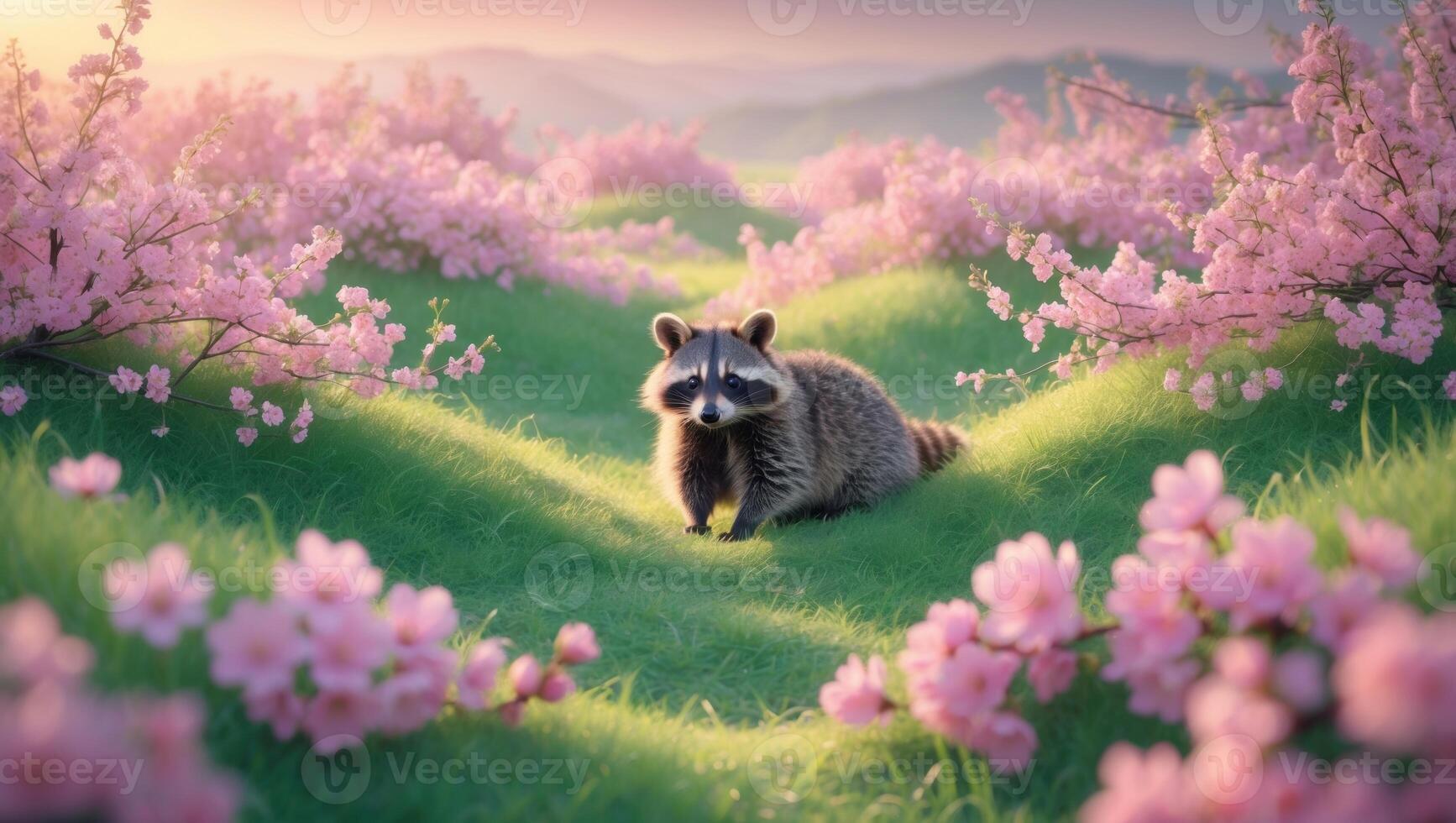 A raccoon wandering through a vibrant cherry blossom field during sunset, with mountains in the background photo