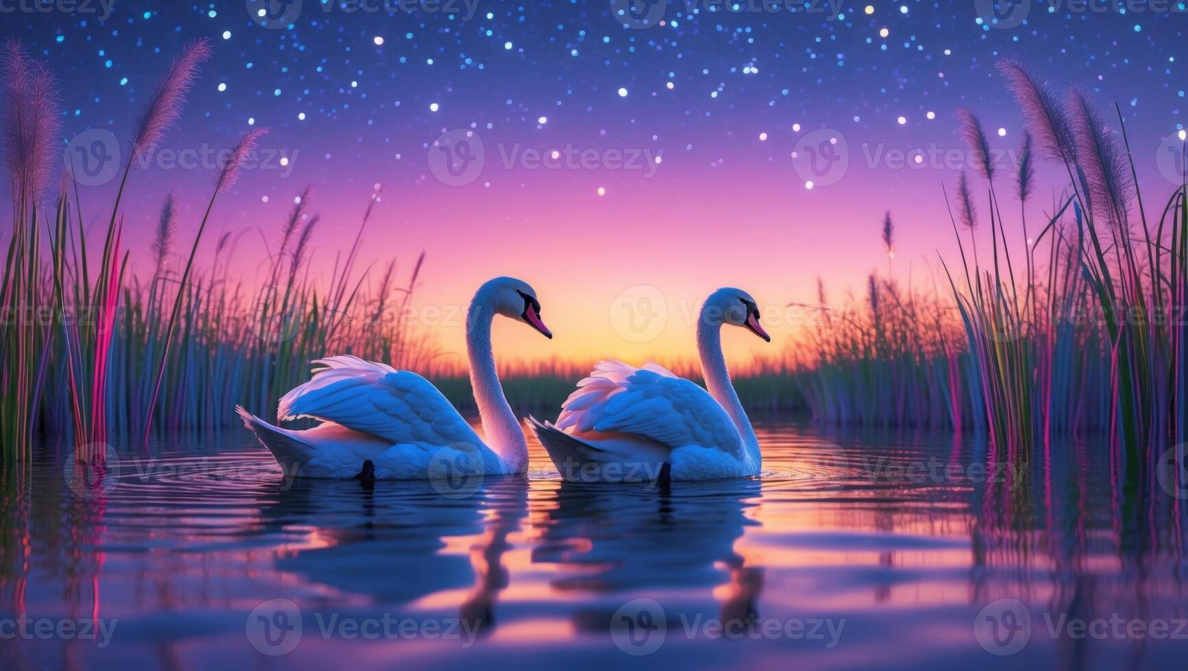 Serene swans gracefully gliding on a tranquil lake at twilight, surrounded by tall grasses under a starry sky photo