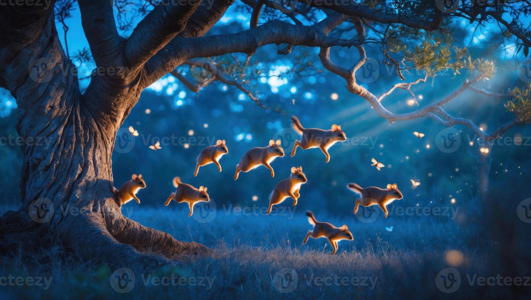 A group of playful foxes leaping through a serene forest illuminated by soft moonlight photo