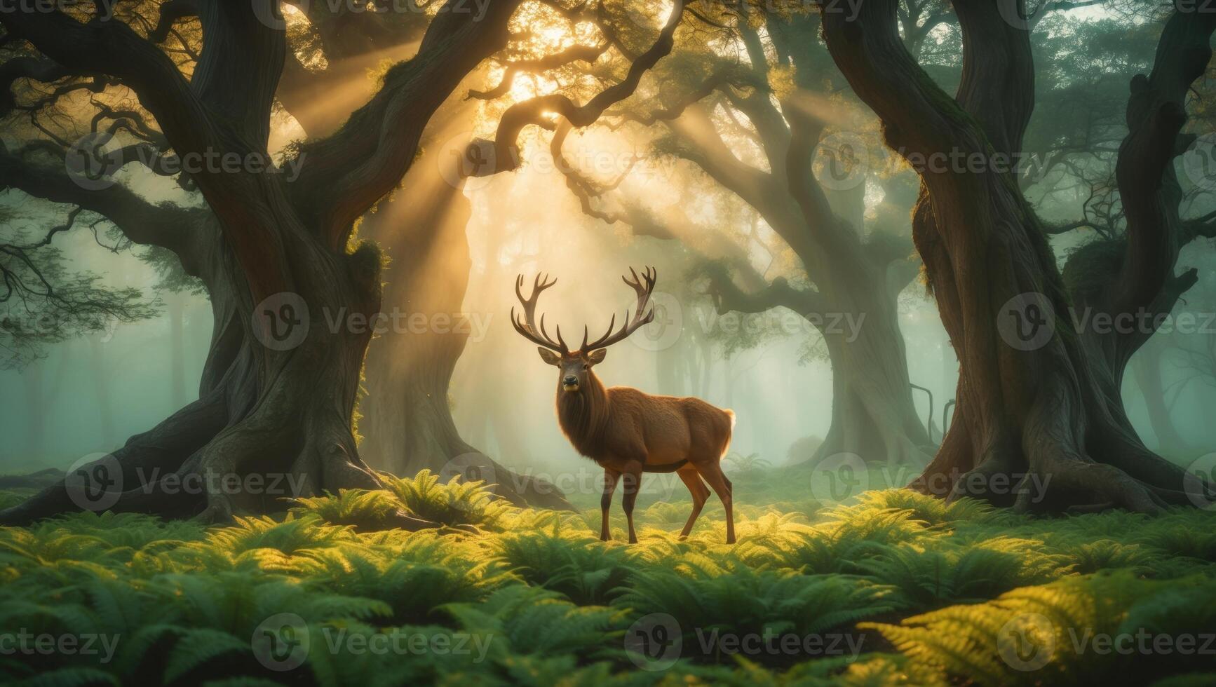 Majestic deer standing in a misty forest surrounded by ancient trees and ferns, sunlight streaming through photo