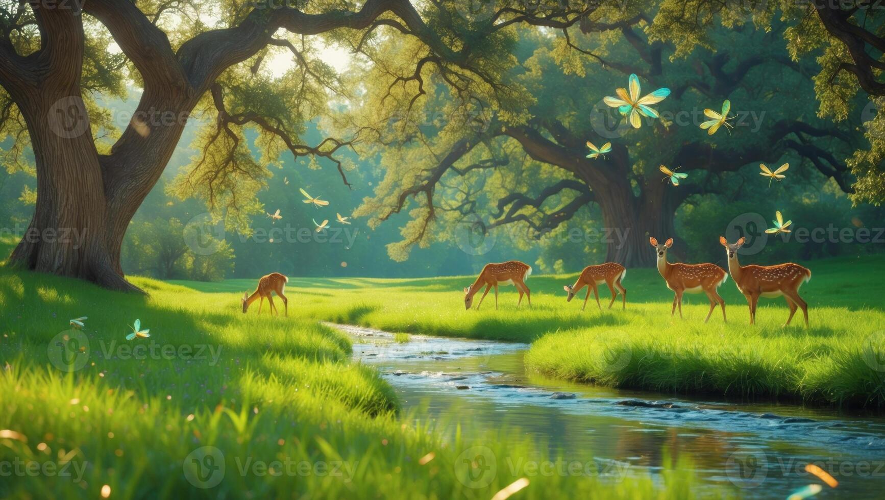 Serene forest scene with deer grazing near a sparkling stream, surrounded by lush greenery and butterflies photo