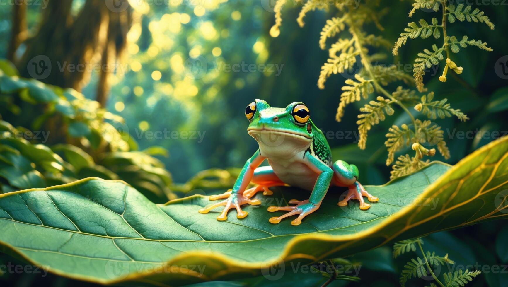 Colorful frog perched on a large leaf in a lush rainforest, surrounded by vibrant greenery and soft light photo